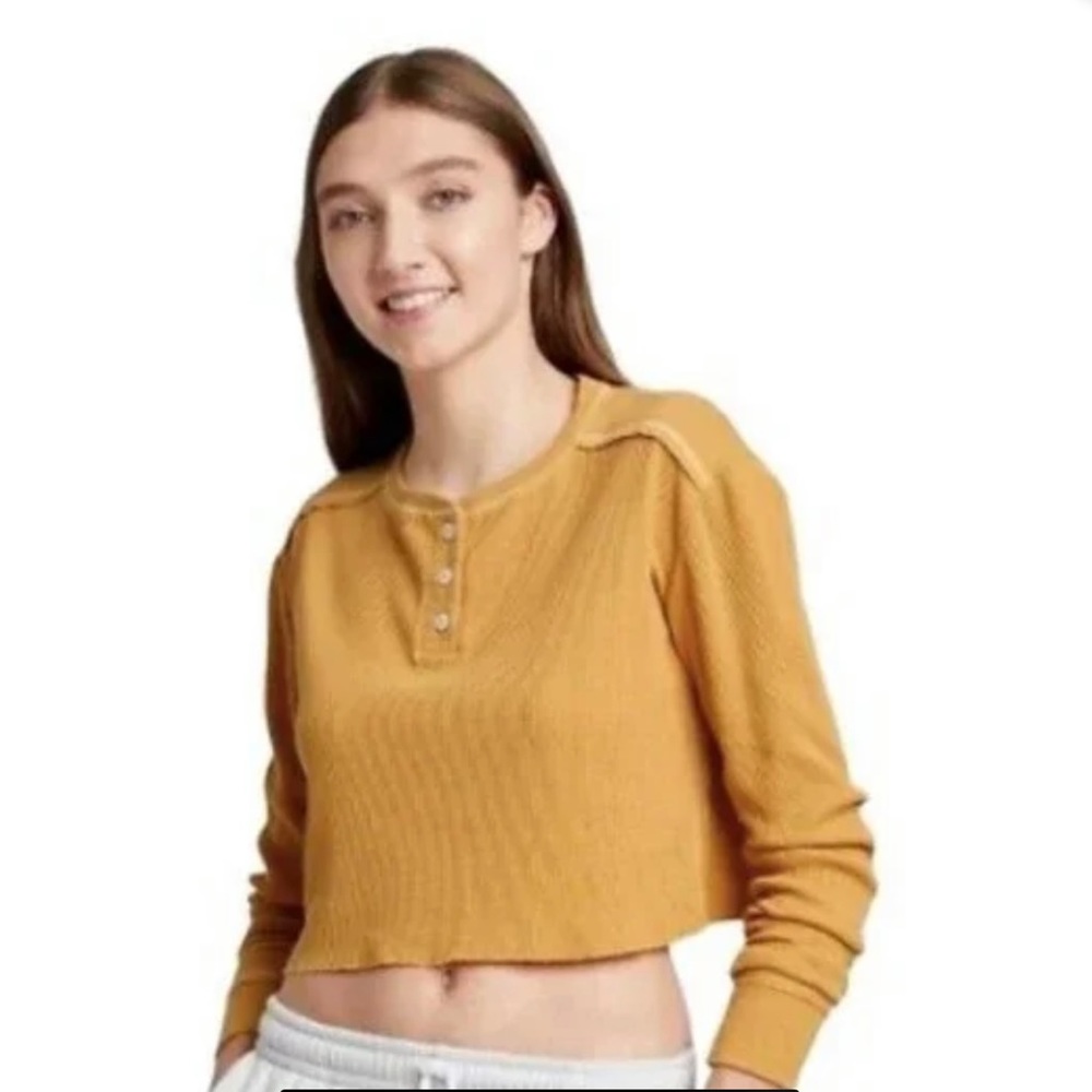 Wild Fable Mustard Yellow Crop Top Waffle Henley Long Sleeve Top Juniors